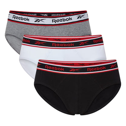 Black-White-Grey - Front - Reebok Mens Cotton Elasticated Waist Briefs (Pack of 3)