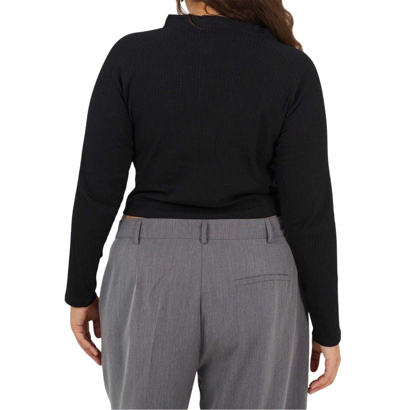 Black - Back - Brave Soul Womens-Ladies Ribbed V Neck Plus Long-Sleeved Crop Top