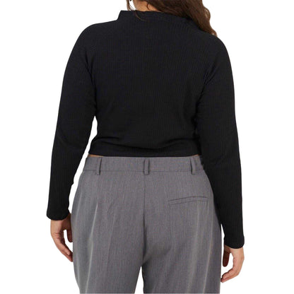 Black - Back - Brave Soul Womens-Ladies Ribbed V Neck Plus Long-Sleeved Crop Top