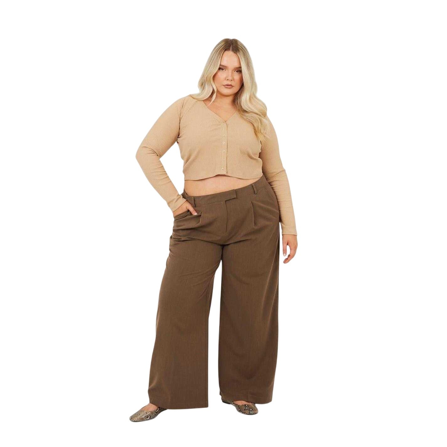 Taupe - Lifestyle - Brave Soul Womens-Ladies Ribbed V Neck Plus Long-Sleeved Crop Top