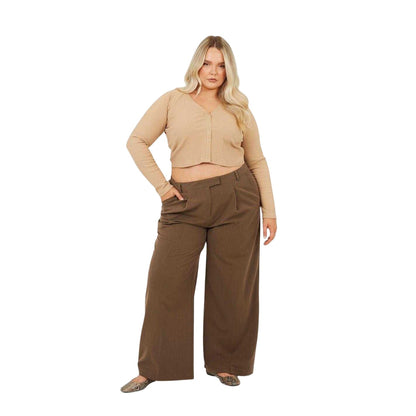 Taupe - Lifestyle - Brave Soul Womens-Ladies Ribbed V Neck Plus Long-Sleeved Crop Top