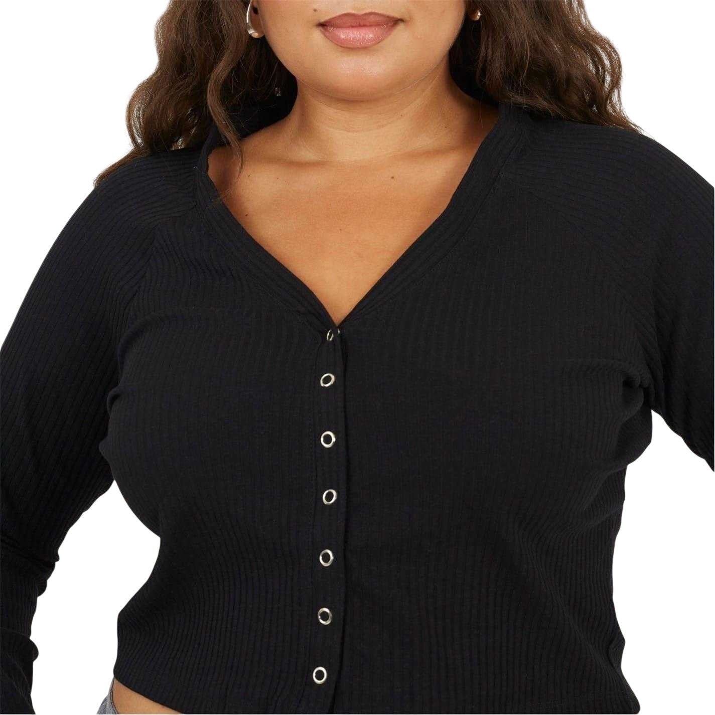 Black - Side - Brave Soul Womens-Ladies Ribbed V Neck Plus Long-Sleeved Crop Top