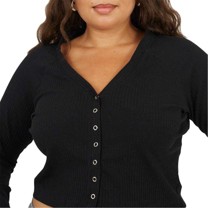 Black - Side - Brave Soul Womens-Ladies Ribbed V Neck Plus Long-Sleeved Crop Top