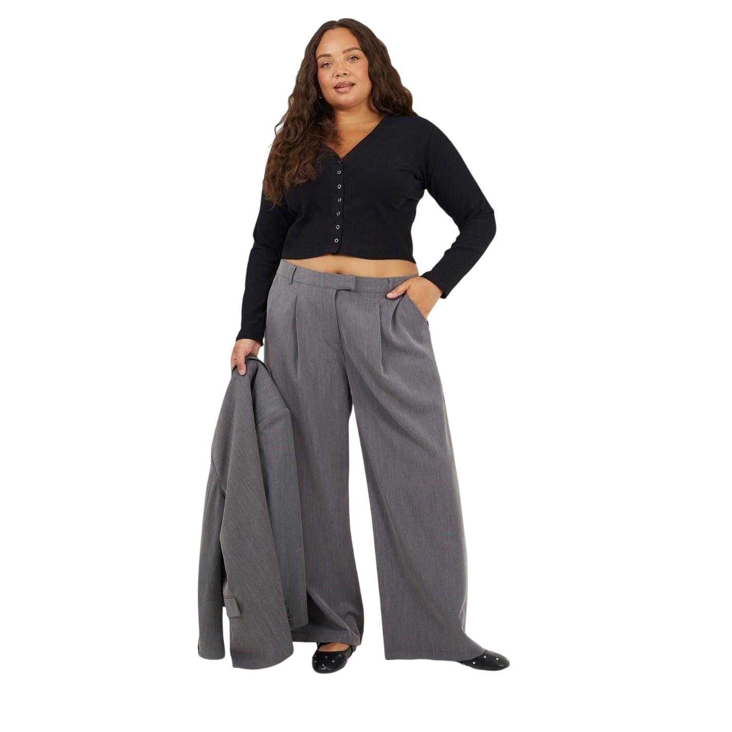 Black - Lifestyle - Brave Soul Womens-Ladies Ribbed V Neck Plus Long-Sleeved Crop Top