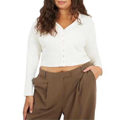 Cream - Front - Brave Soul Womens-Ladies Ribbed V Neck Plus Long-Sleeved Crop Top