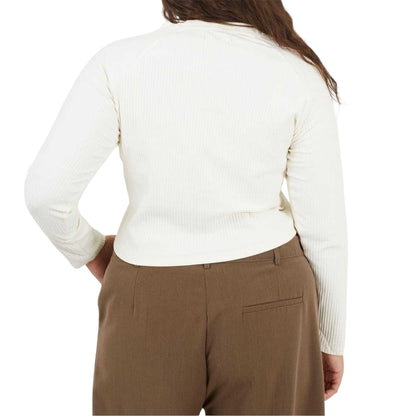 Cream - Back - Brave Soul Womens-Ladies Ribbed V Neck Plus Long-Sleeved Crop Top