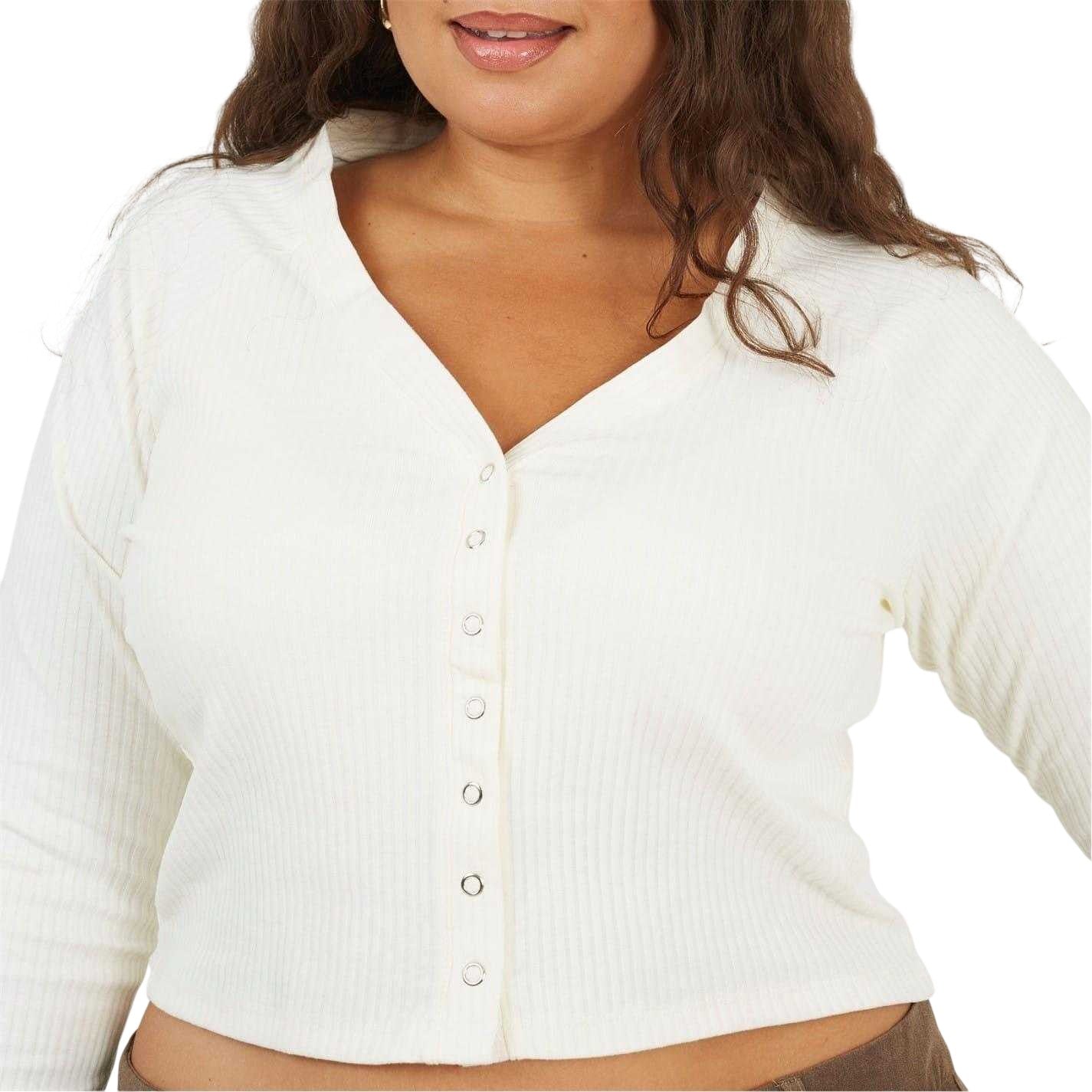 Cream - Side - Brave Soul Womens-Ladies Ribbed V Neck Plus Long-Sleeved Crop Top