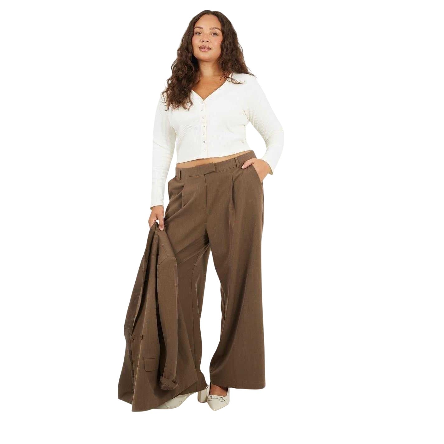 Cream - Lifestyle - Brave Soul Womens-Ladies Ribbed V Neck Plus Long-Sleeved Crop Top