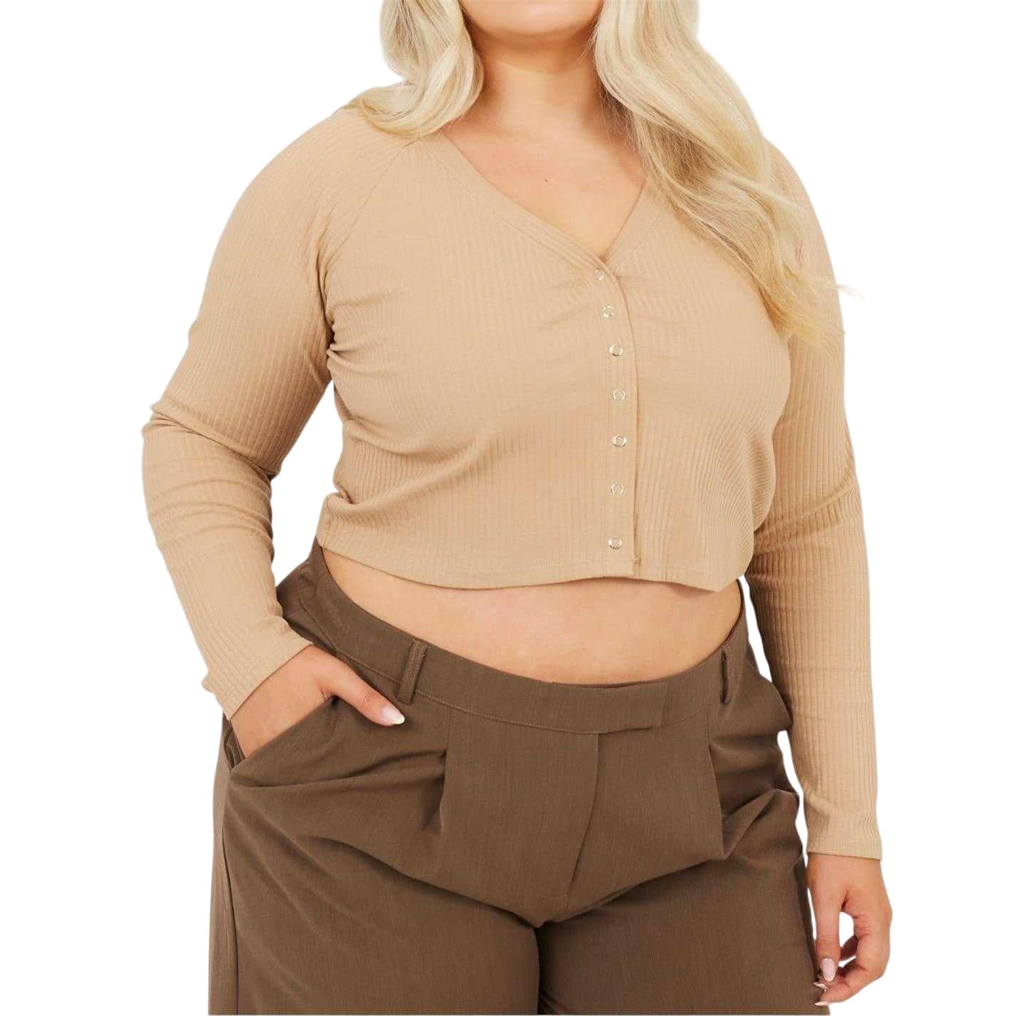 Taupe - Front - Brave Soul Womens-Ladies Ribbed V Neck Plus Long-Sleeved Crop Top