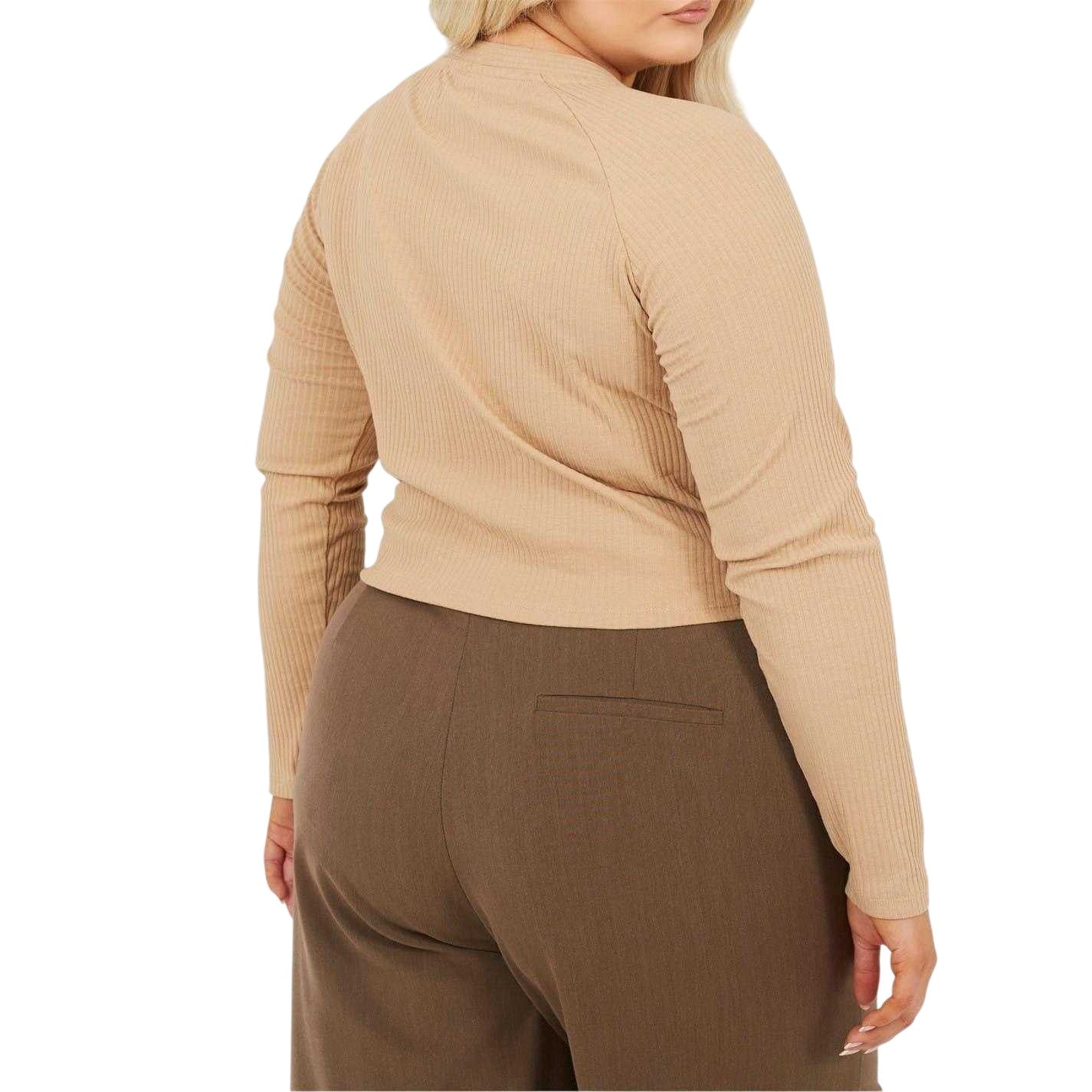 Taupe - Back - Brave Soul Womens-Ladies Ribbed V Neck Plus Long-Sleeved Crop Top