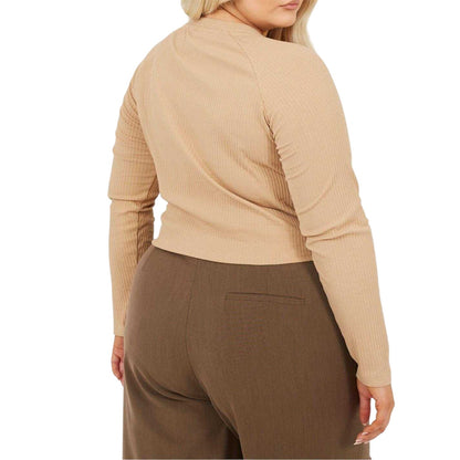 Taupe - Back - Brave Soul Womens-Ladies Ribbed V Neck Plus Long-Sleeved Crop Top
