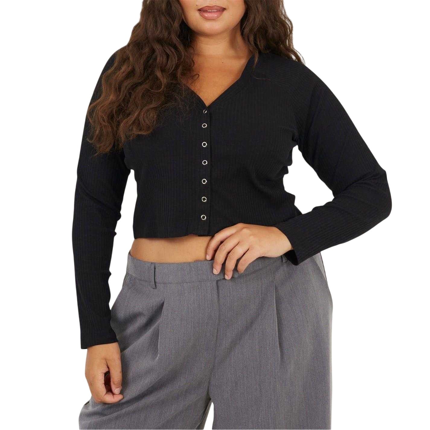 Black - Front - Brave Soul Womens-Ladies Ribbed V Neck Plus Long-Sleeved Crop Top