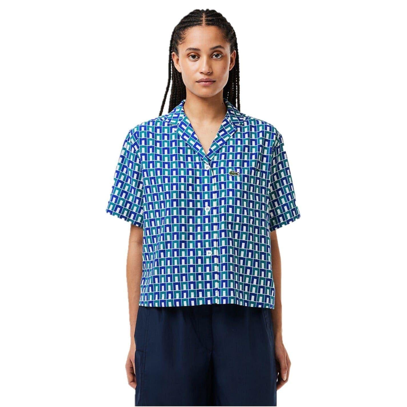 White-Blue - Front - Lacoste Womens-Ladies Geometric Short-Sleeved Shirt