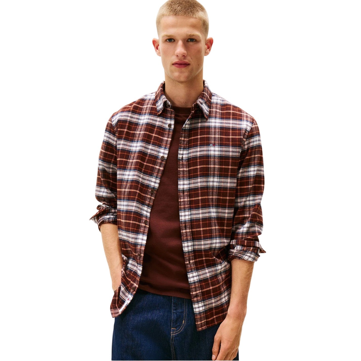 Brown - Side - Tommy Jeans Mens Checked Flannel Long-Sleeved Shirt