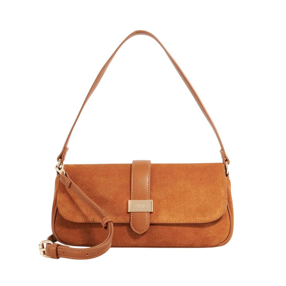 Tan - Front - Dune London Delsees Suede Shoulder Bag