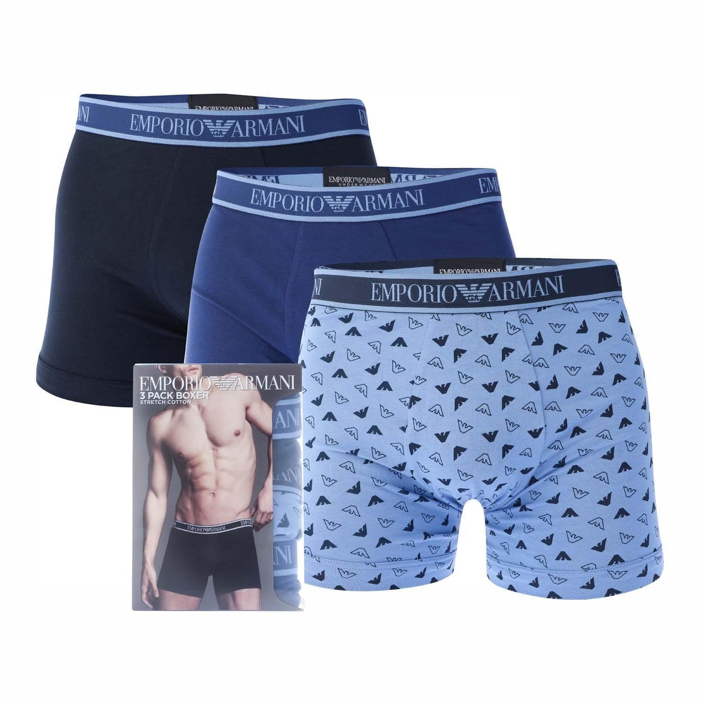 Blue-Dark Blue-Light Blue - Front - Emporio Armani Mens Core Logo Boxer Shorts (Pack of 3)
