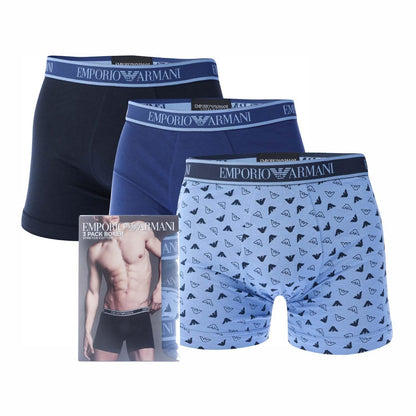 Blue-Light Blue-Dark Blue - Front - Emporio Armani Mens Core Logo Boxer Shorts (Pack of 3)