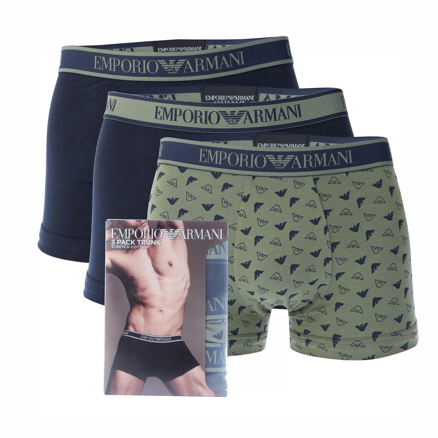 Dark Blue-Green - Front - Emporio Armani Mens Core Logo Boxer Shorts (Pack of 3)