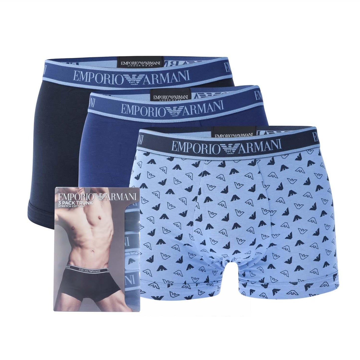 Blue-Light Blue-Dark Blue - Back - Emporio Armani Mens Core Logo Boxer Shorts (Pack of 3)