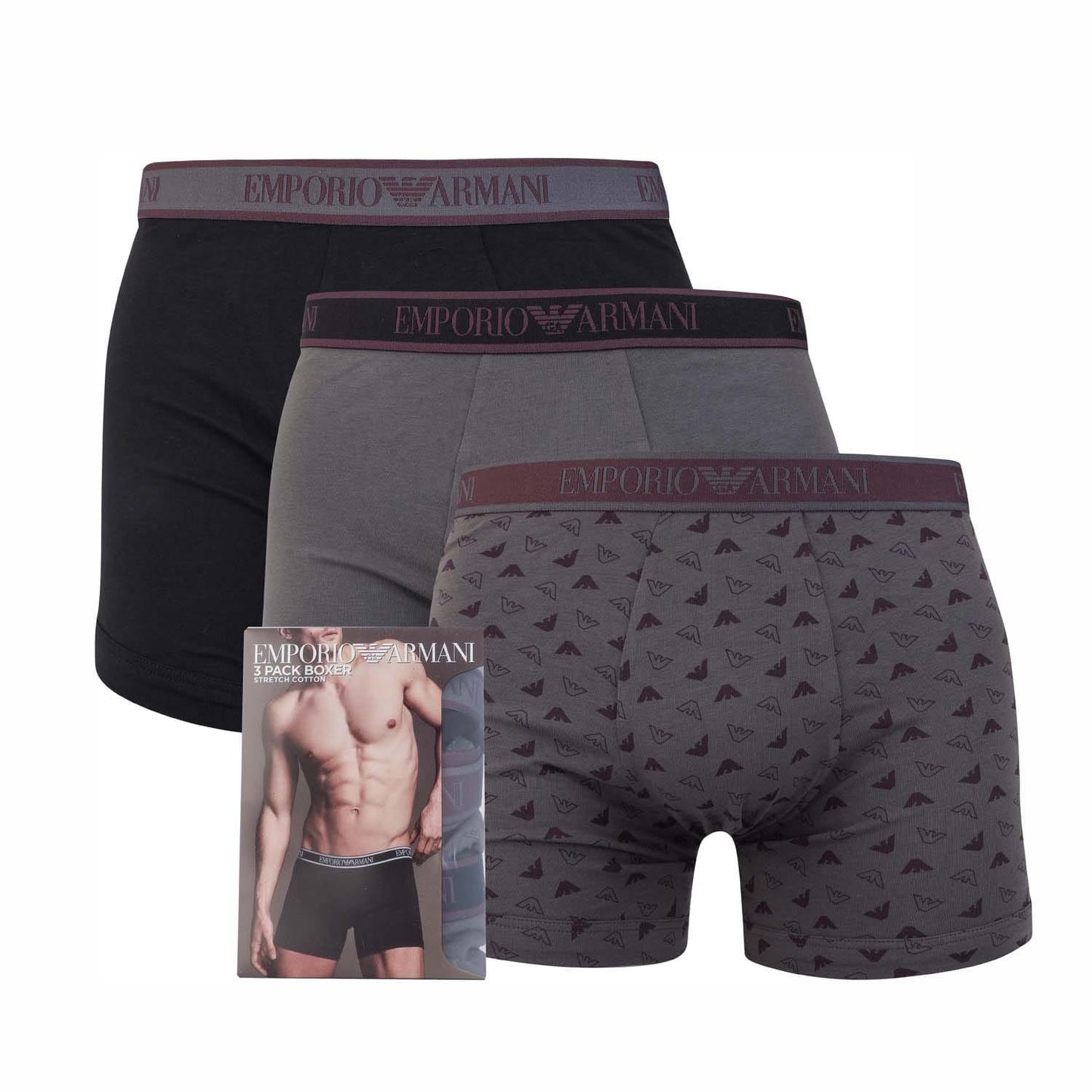 Black-Grey-Charcoal - Front - Emporio Armani Mens Core Logo Boxer Shorts (Pack of 3)