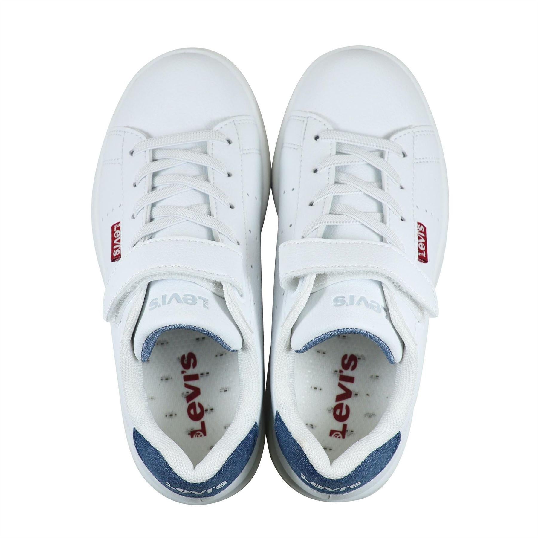 White-Blue - Pack Shot - Levis Childrens-Kids Avenue Leather Trainers