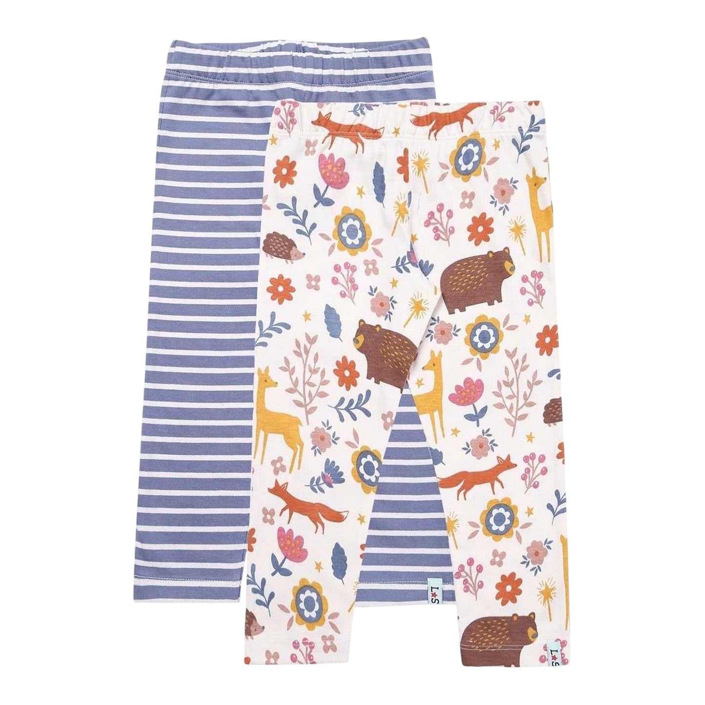 Blue-Multicoloured - Back - Lilly & Sid Childrens-Kids Animals Stripes Leggings (Pack of 2)