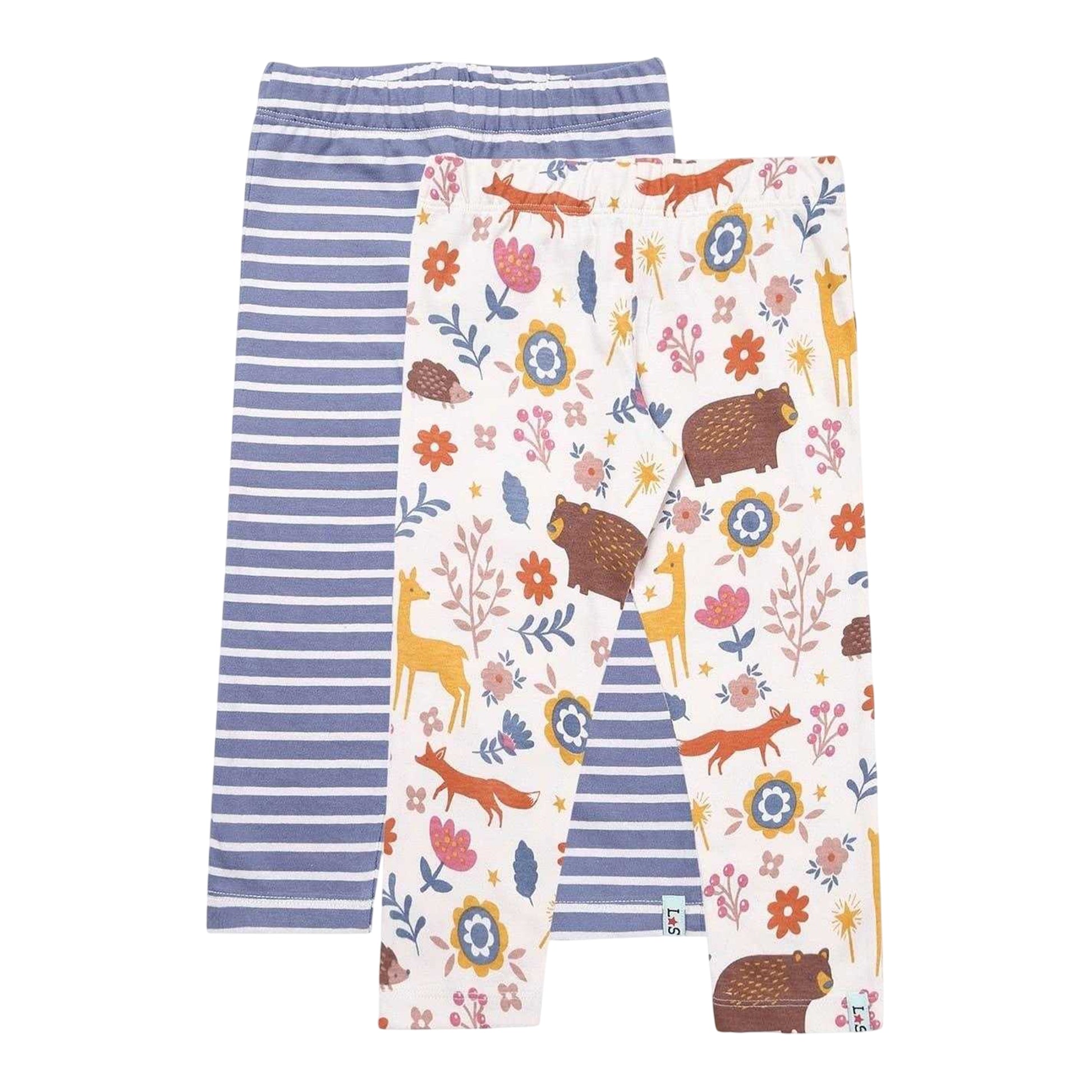 Blue-Multicoloured - Back - Lilly & Sid Childrens-Kids Animals Stripes Leggings (Pack of 2)