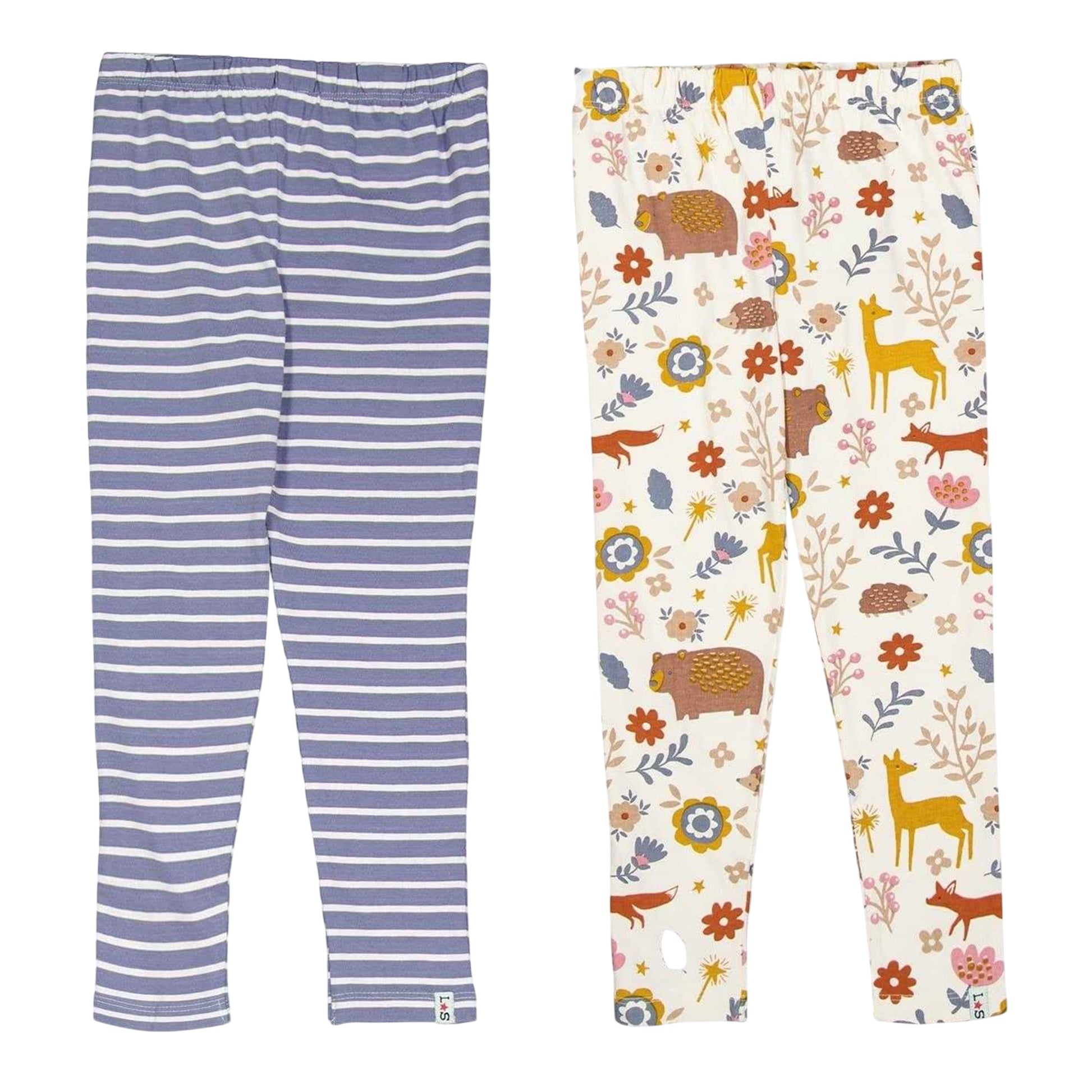 Blue-Multicoloured - Front - Lilly & Sid Childrens-Kids Animals Stripes Leggings (Pack of 2)