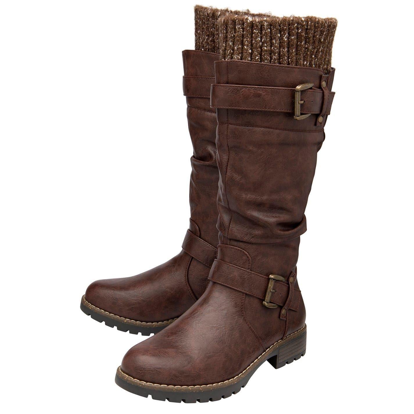 Brown - Side - Lotus Shoes Womens-Ladies Juniper Knitted Knee-High Boots