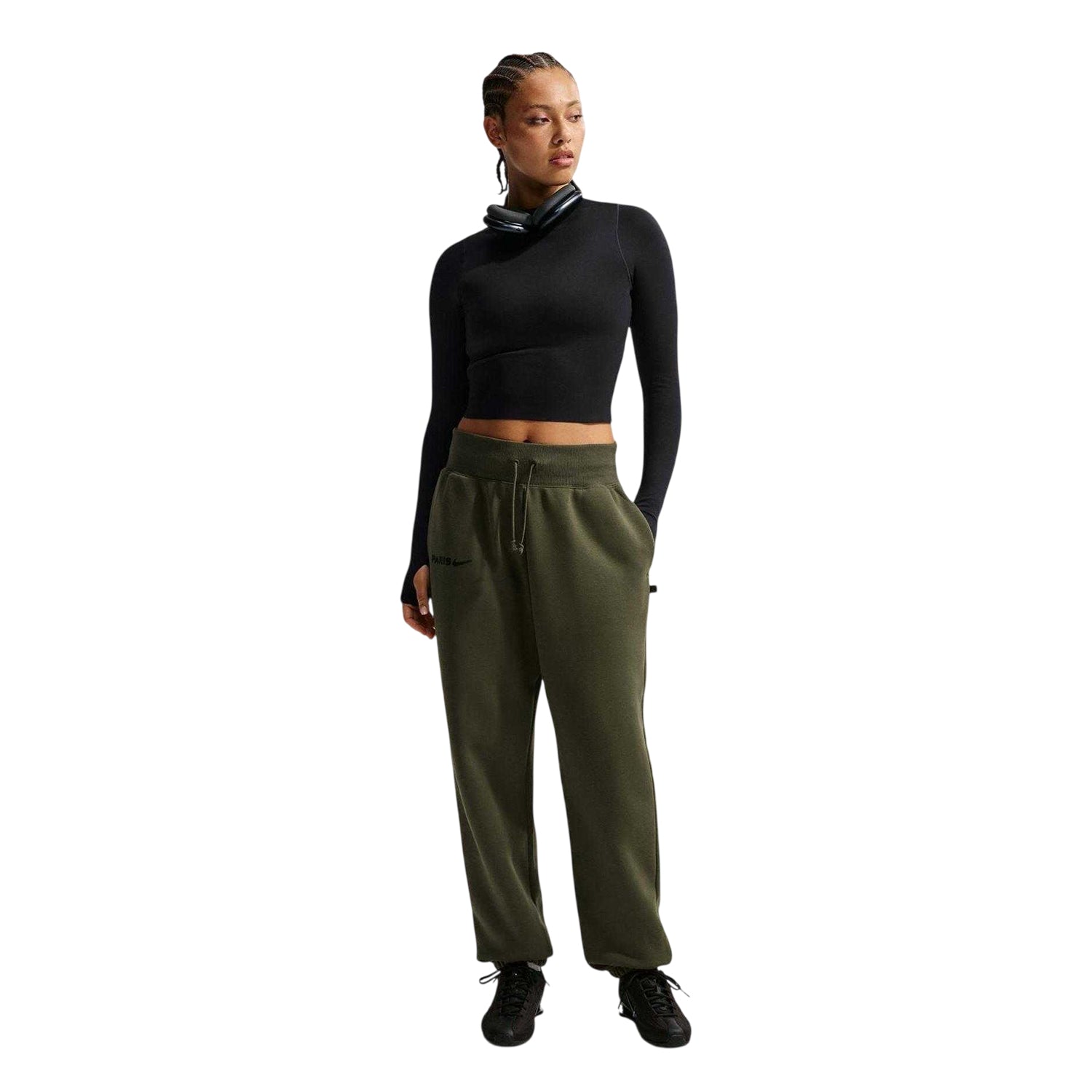 Khaki Green-Black - Front - Nike Womens-Ladies Saint-Germain Fleece Phoenix Relaxed Fit Joggers