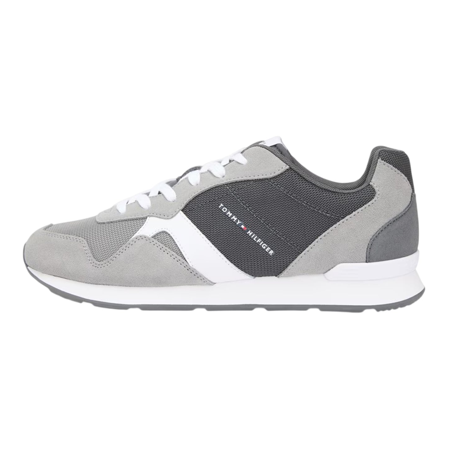 Grey - Side - Tommy Hilfiger Mens Leather Low Running Flat Trainers