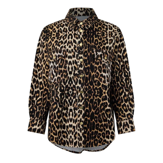 Brown-Black - Front - Biba Womens-Ladies Leopard Print Denim Long-Sleeved Shirt