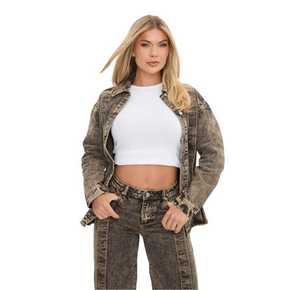 Brown - Front - I Saw It First Womens-Ladies Faded Washed Denim Shirt