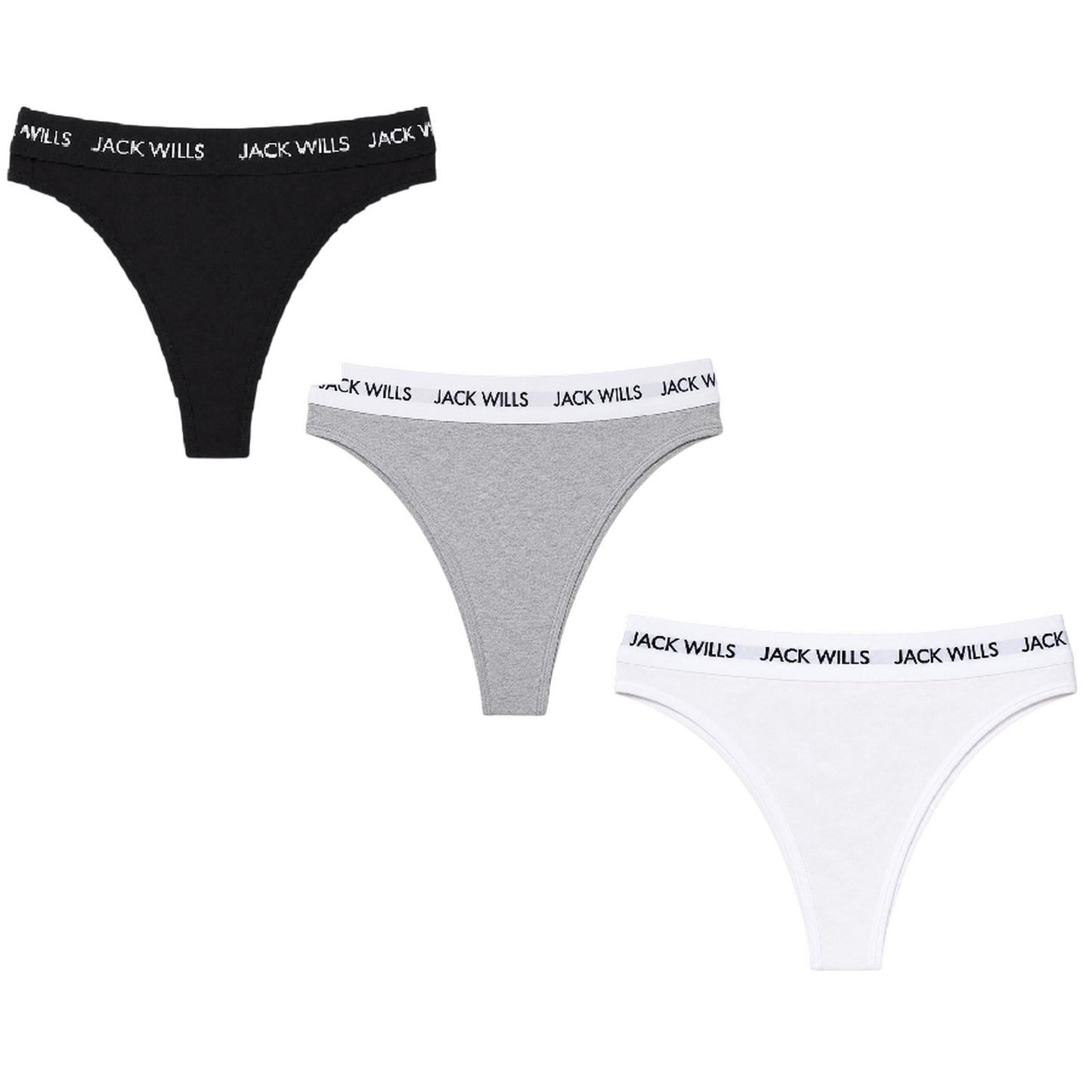 White-Grey-Black - Front - Jack Wills Womens-Ladies Deptford Logo Thong (Pack of 3)