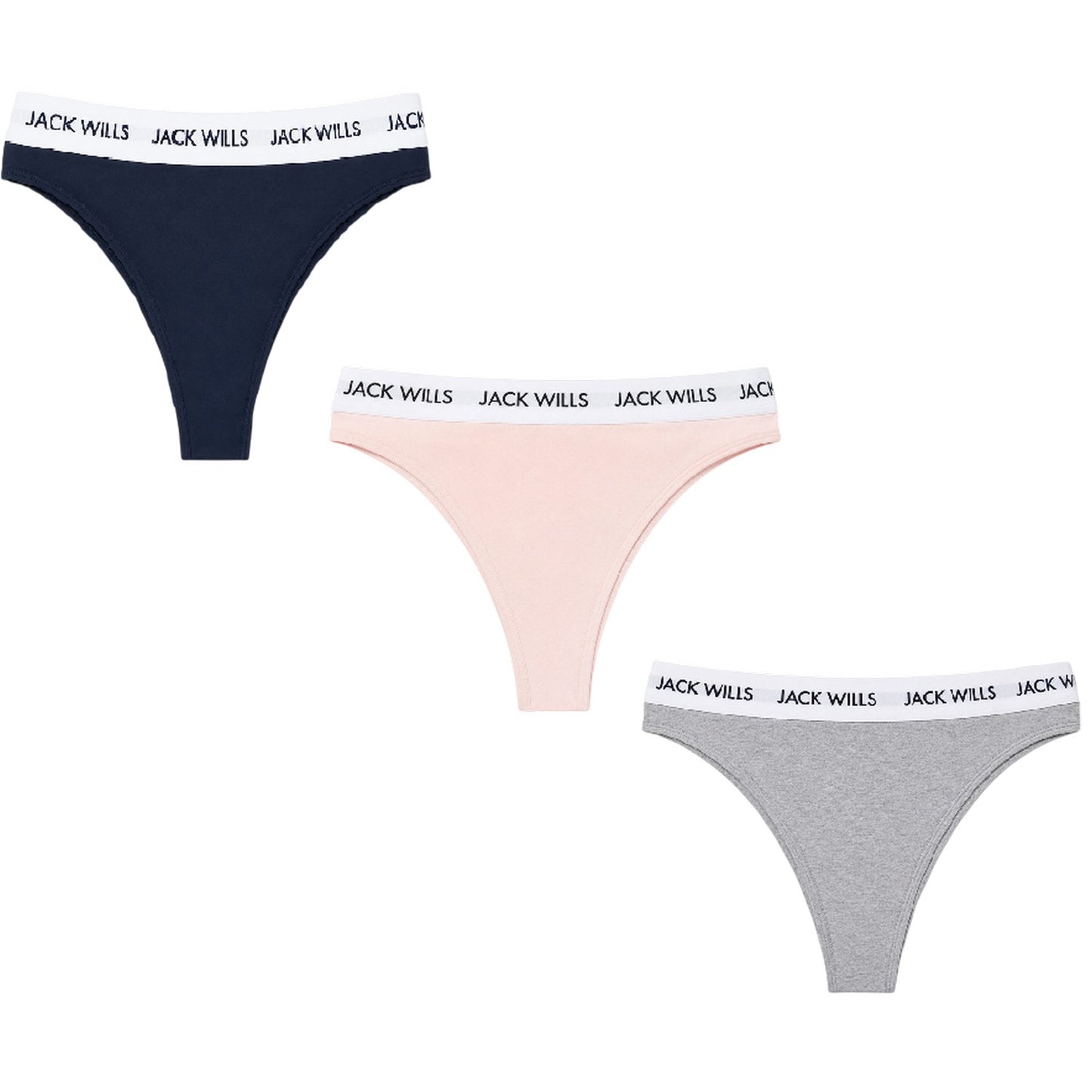 Pink-Navy-Grey - Front - Jack Wills Womens-Ladies Deptford Logo Thong (Pack of 3)