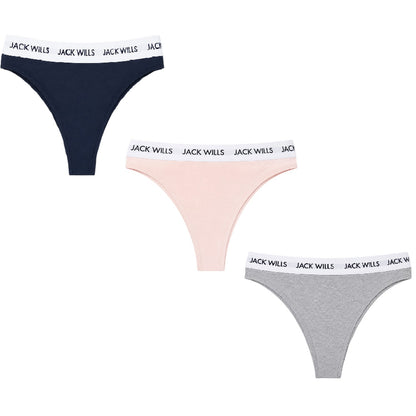 Pink-Navy-Grey - Front - Jack Wills Womens-Ladies Deptford Logo Thong (Pack of 3)