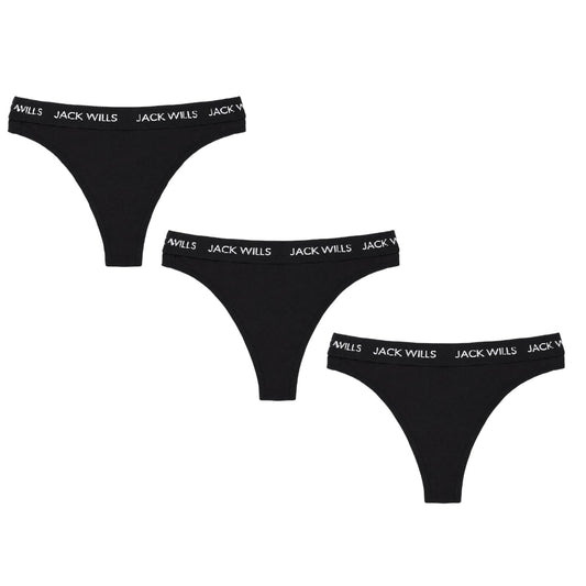Black - Front - Jack Wills Womens-Ladies Deptford Logo Thong (Pack of 3)