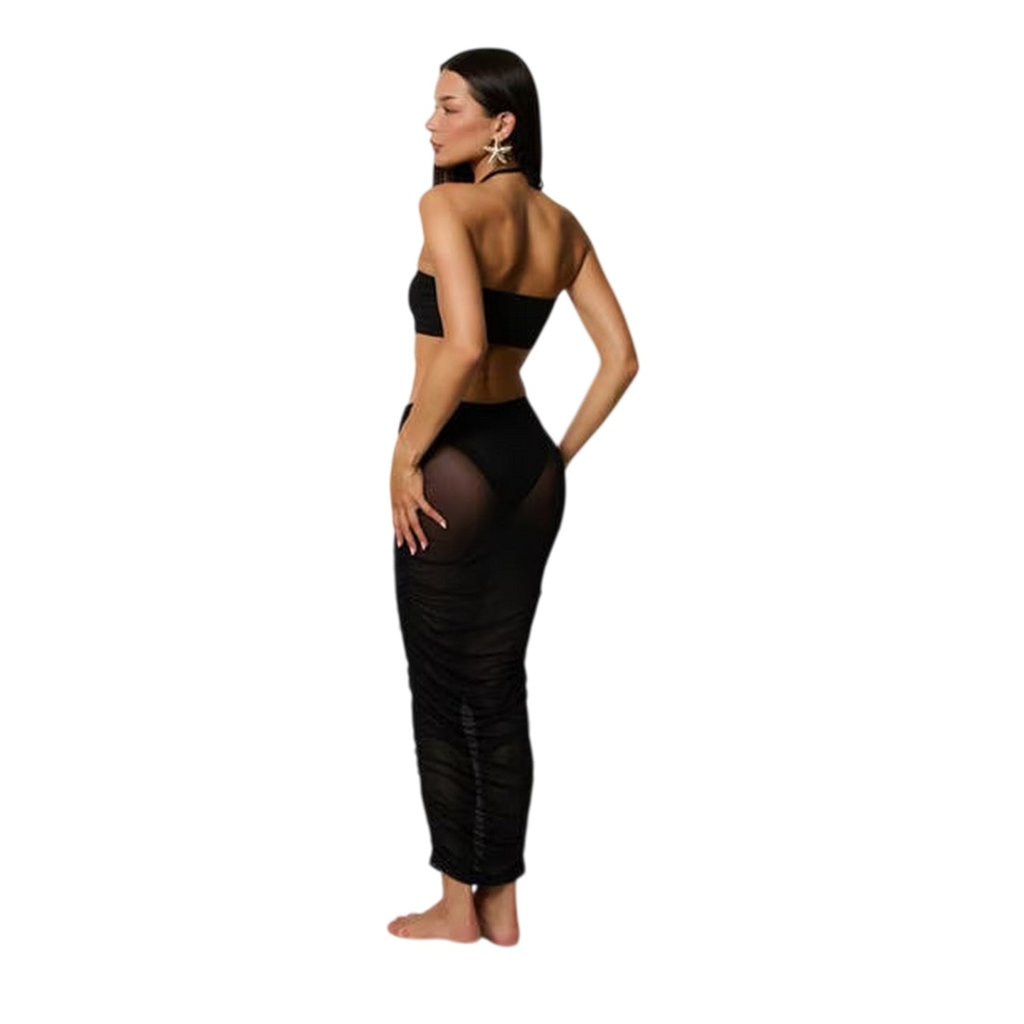 Black - Back - Honeyz Womens-Ladies Midi Mesh Halter Neck Bodycon Dress