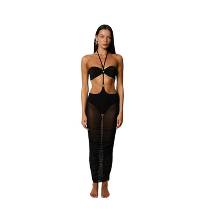 Black - Side - Honeyz Womens-Ladies Midi Mesh Halter Neck Bodycon Dress