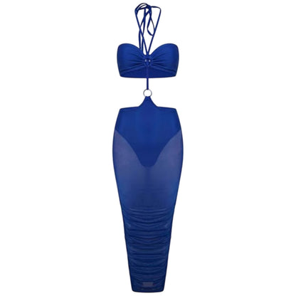 Blue - Front - Honeyz Womens-Ladies Midi Mesh Halter Neck Bodycon Dress