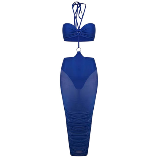 Blue - Front - Honeyz Womens-Ladies Midi Mesh Halter Neck Bodycon Dress