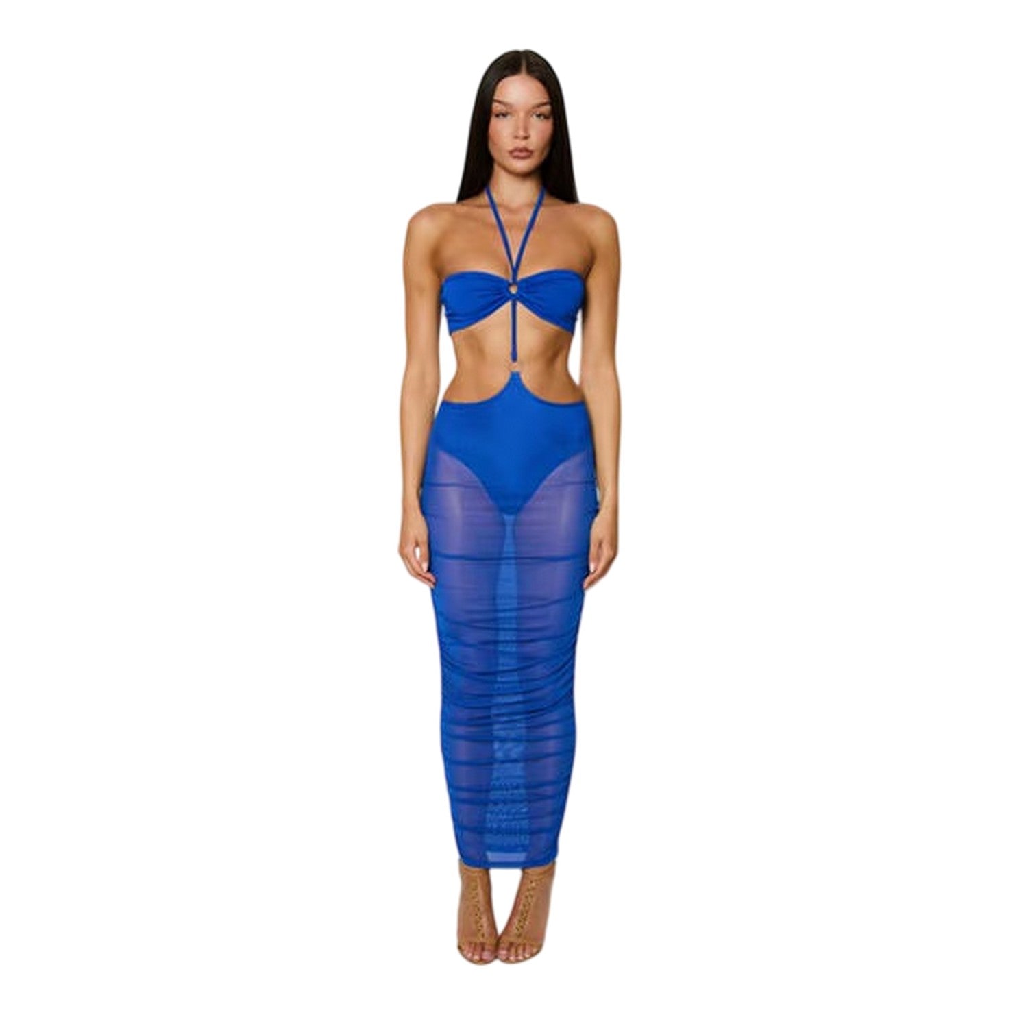 Blue - Side - Honeyz Womens-Ladies Midi Mesh Halter Neck Bodycon Dress