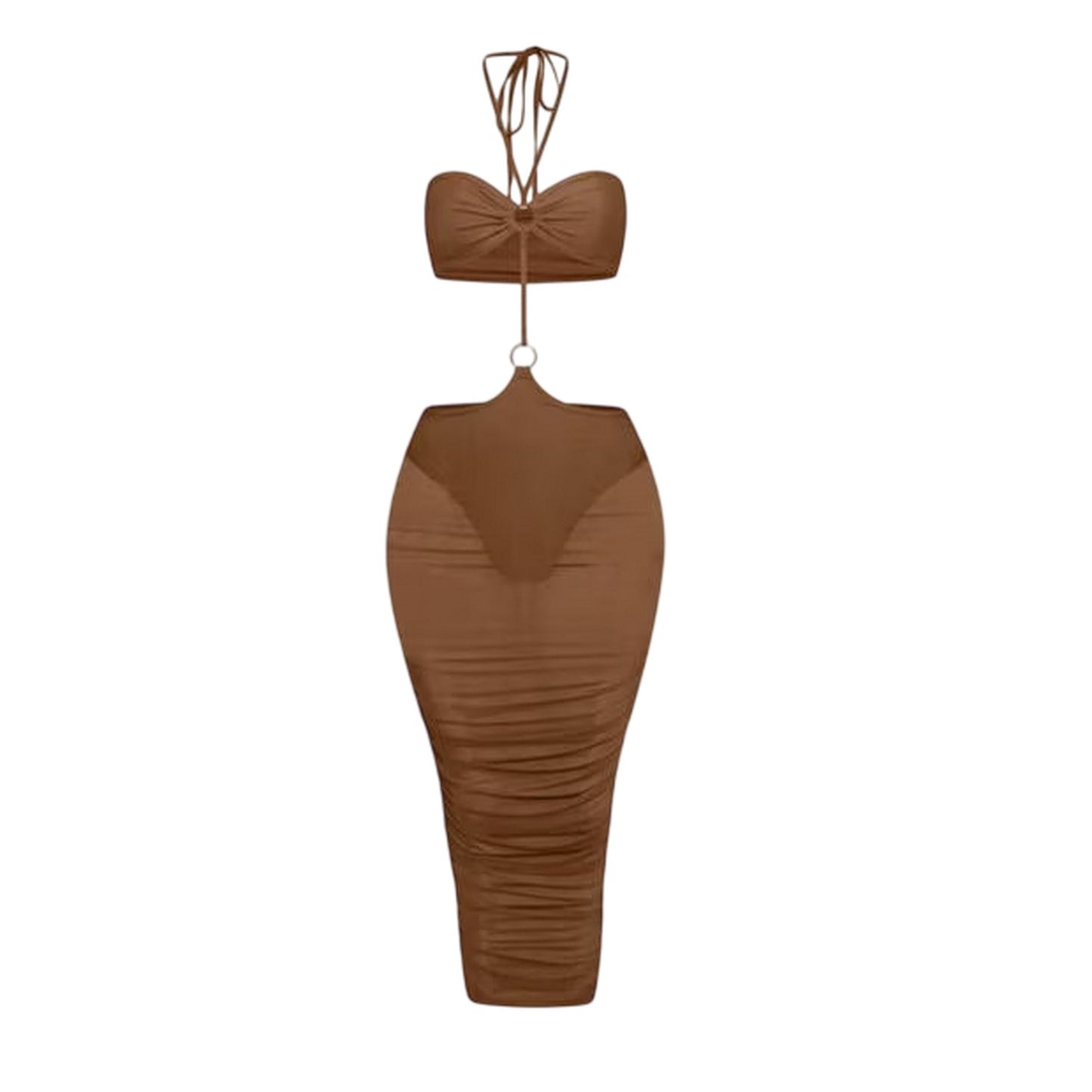 Brown - Front - Honeyz Womens-Ladies Midi Mesh Halter Neck Bodycon Dress