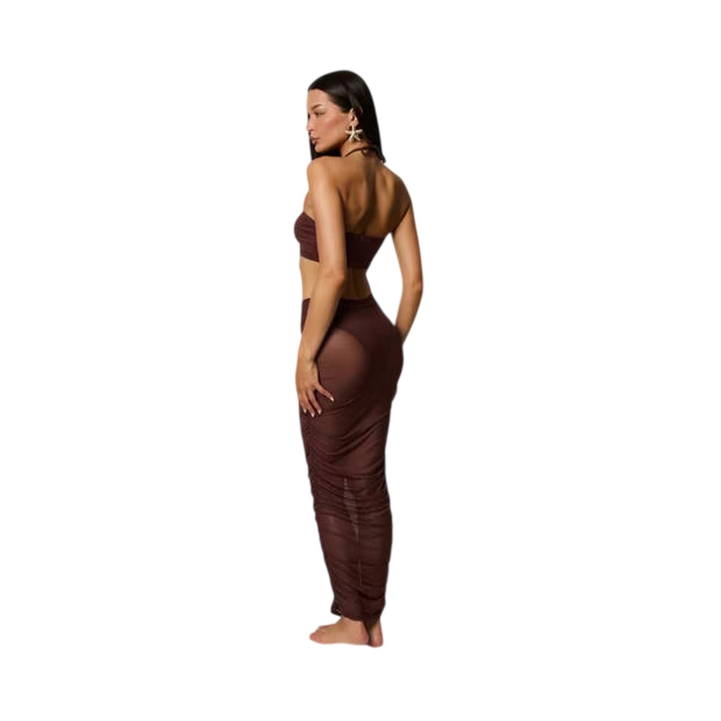 Brown - Back - Honeyz Womens-Ladies Midi Mesh Halter Neck Bodycon Dress