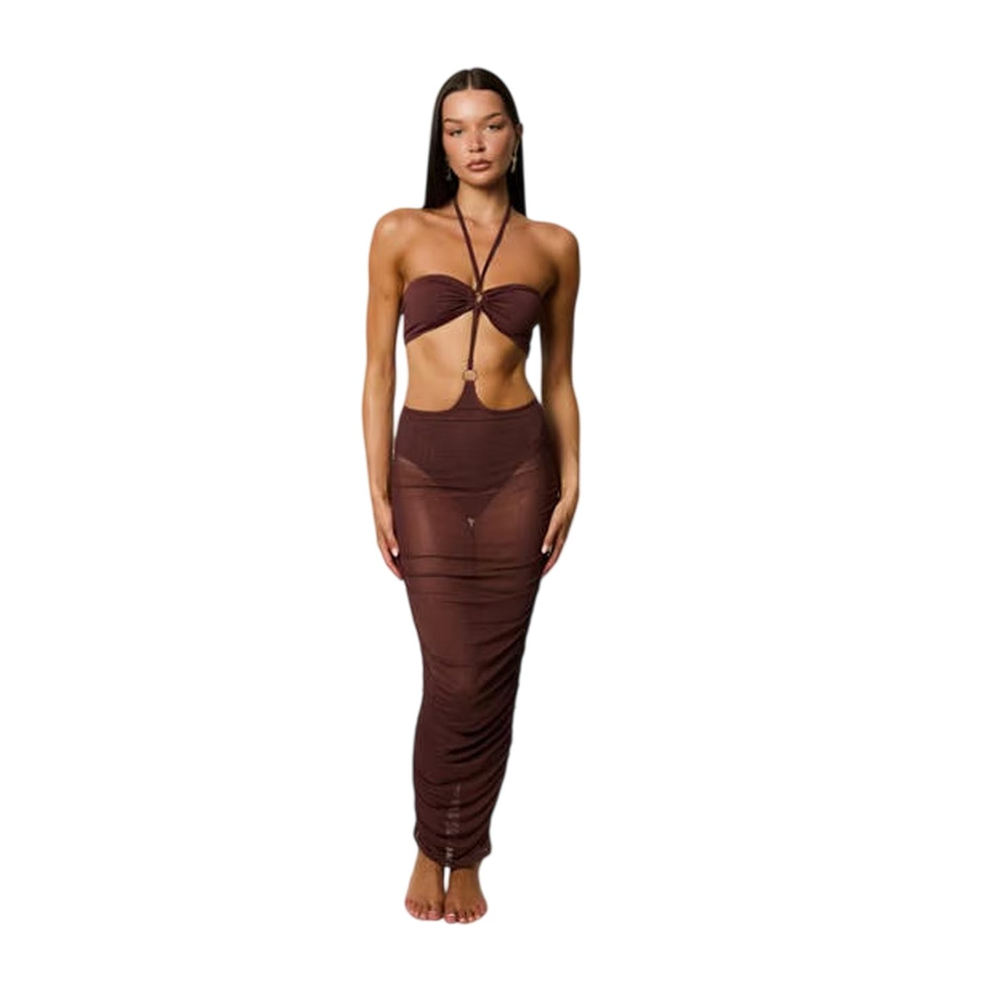 Brown - Side - Honeyz Womens-Ladies Midi Mesh Halter Neck Bodycon Dress