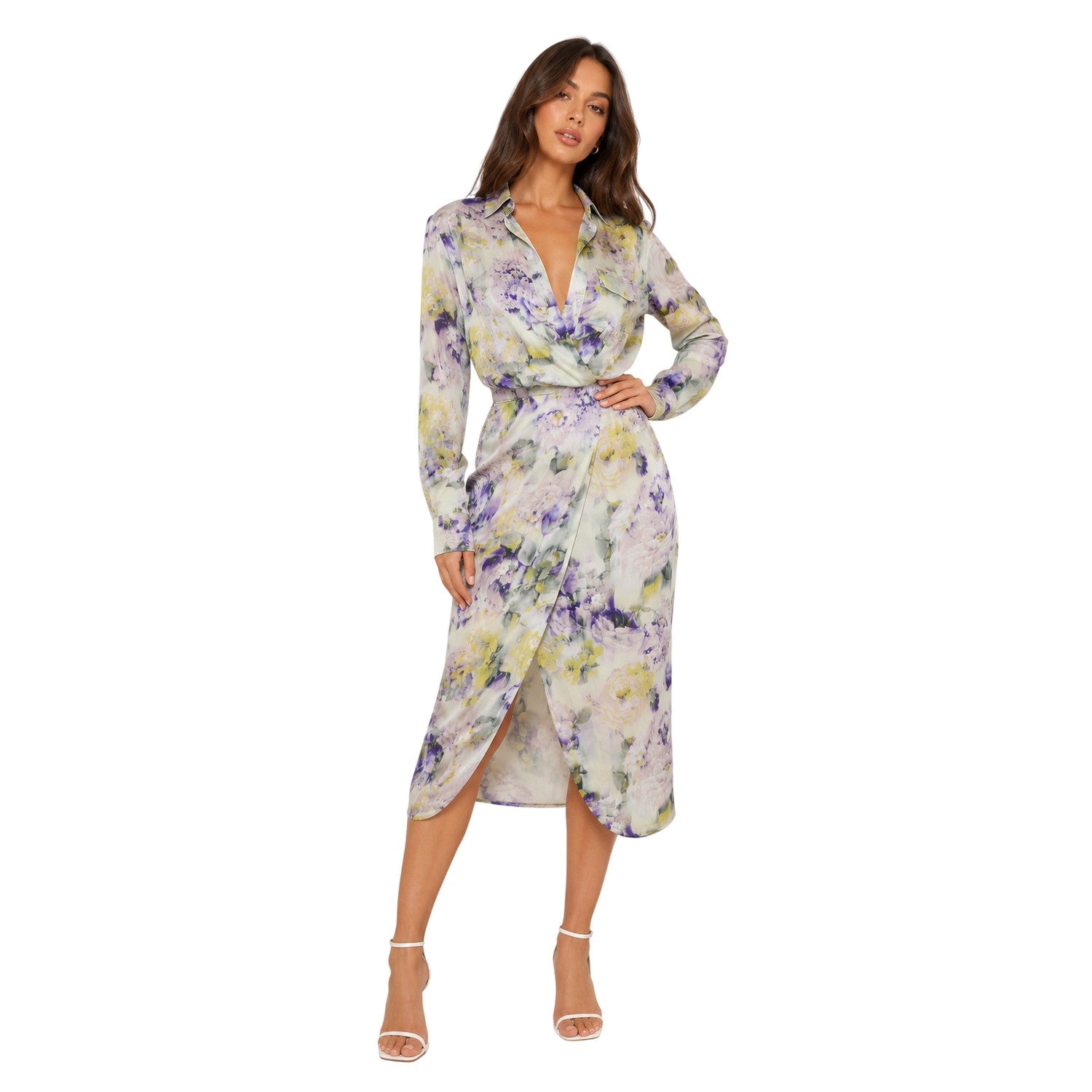 Green - Side - Off White Womens-Ladies Chine Floral Wrap Dress