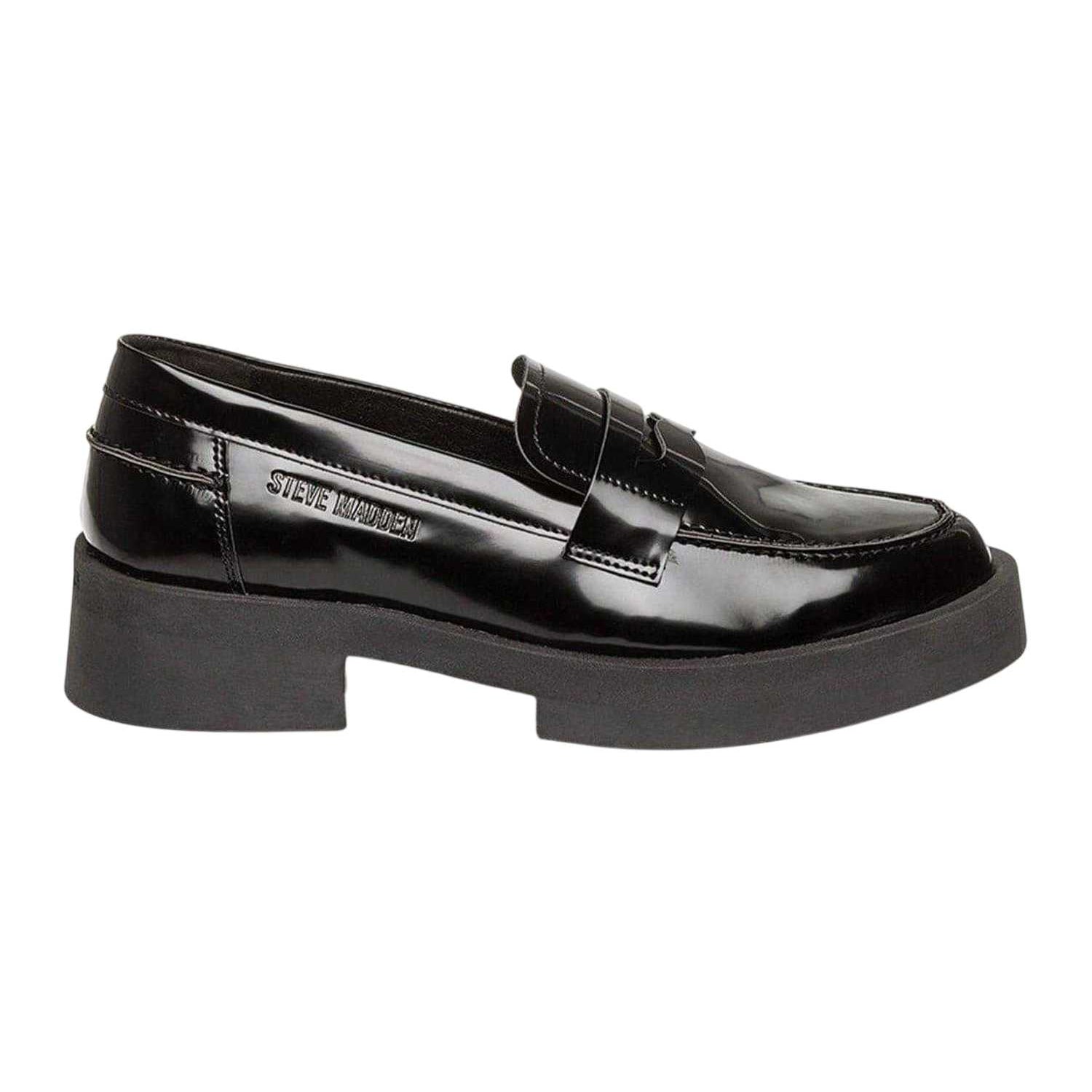 Black - Side - Steve Madden Womens-Ladies Marina Patent Leather Casual Low Block Heel Penny Loafers
