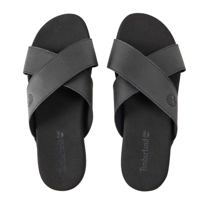 Jet Black - Side - Timberland Mens Seaton Bay Cross Strap Leather Slides