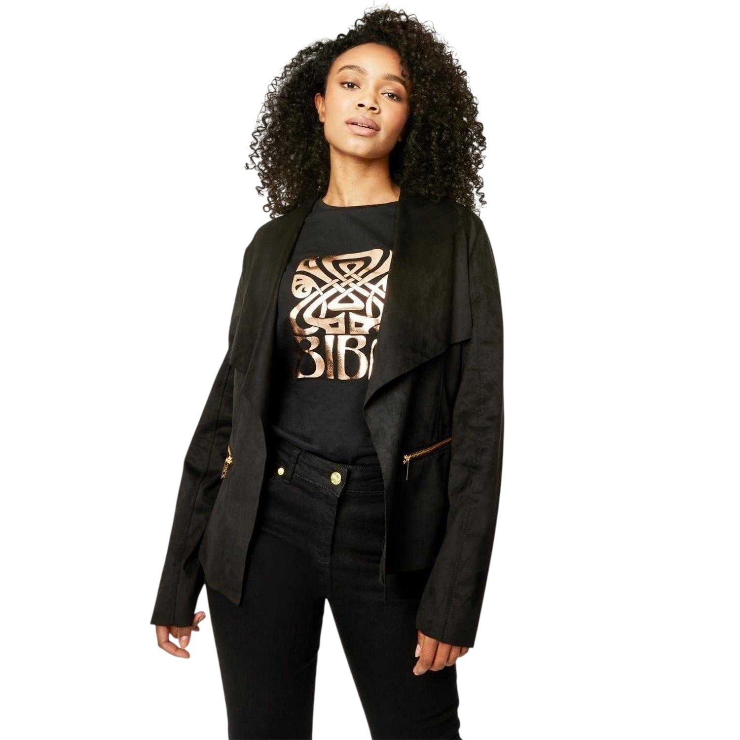 Black - Front - Biba Womens-Ladies Suedette Zipped Waterfall Jacket