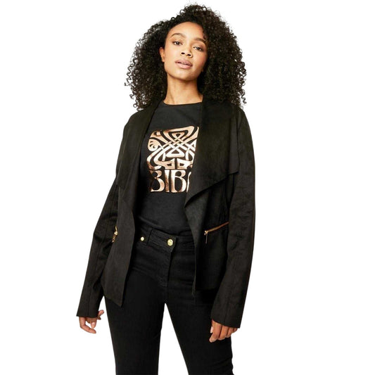 Black - Front - Biba Womens-Ladies Suedette Zipped Waterfall Jacket